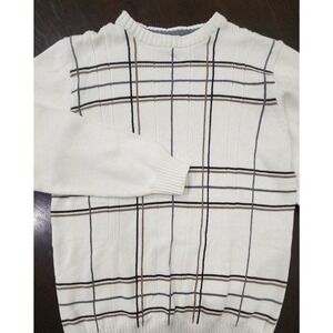 Oscar de la Renta Designer Men's Crew Neck Sweater Cotton Preppy‎ Cream Plaid M